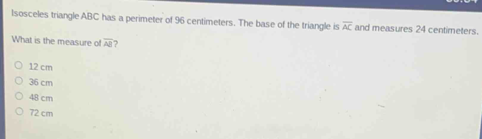 isosceles triangle abc has a perimeter of 96 centimeters. the base of t…
