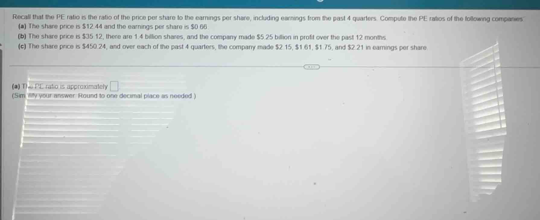 recall that the pe ratio is the ratio of the price per share to the ear…