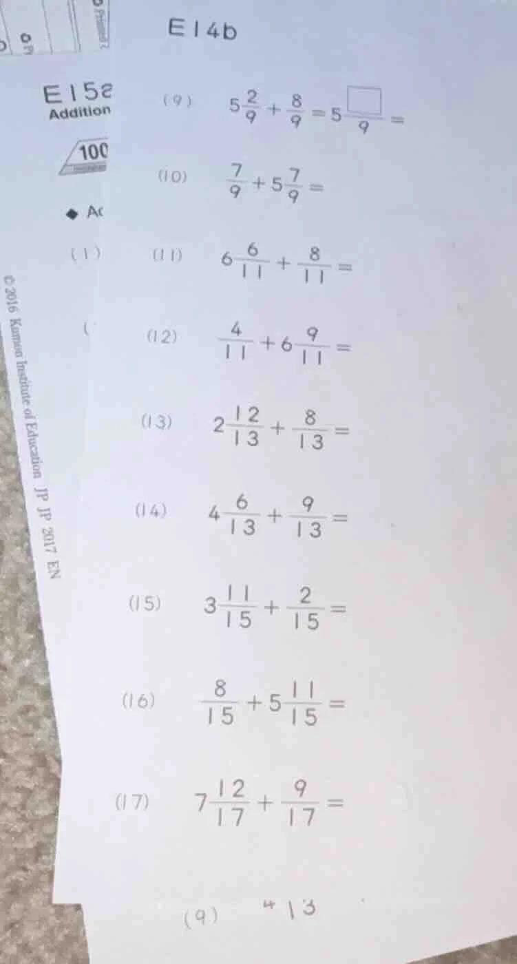 e14b e15e addition 100 ac (9) ( 5\frac{2}{9}+\frac{8}{9}=5\frac{square}…
