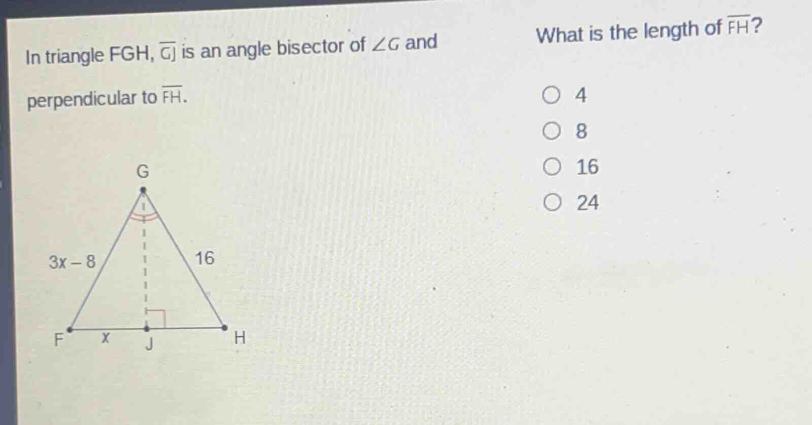 in triangle fgh, gj is an angle bisector of ∠g and perpendicular to fh.…