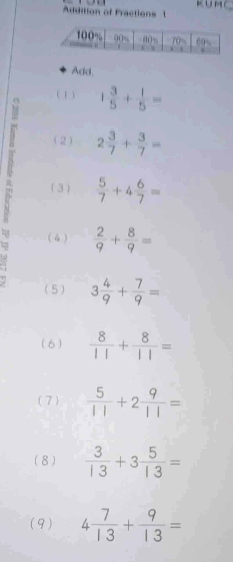 addition of fractions 1 add (1) ( 1\frac{3}{5}+\frac{1}{5}=) (2) ( 2\fr…