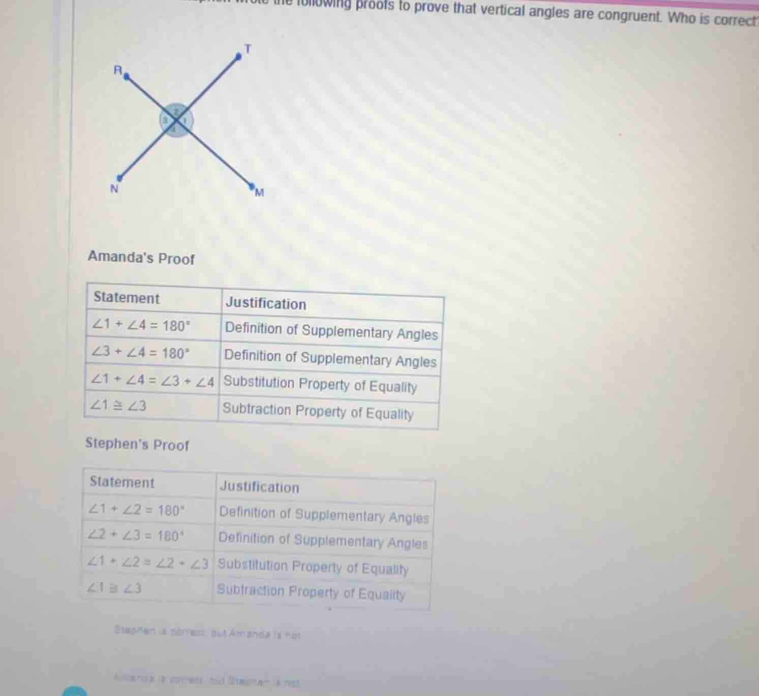 the following proofs to prove that vertical angles are congruent. who i…