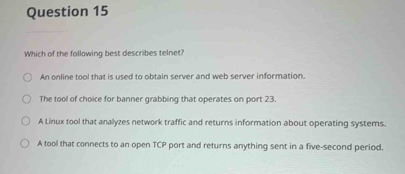 question 15 which of the following best describes telnet? an online too…