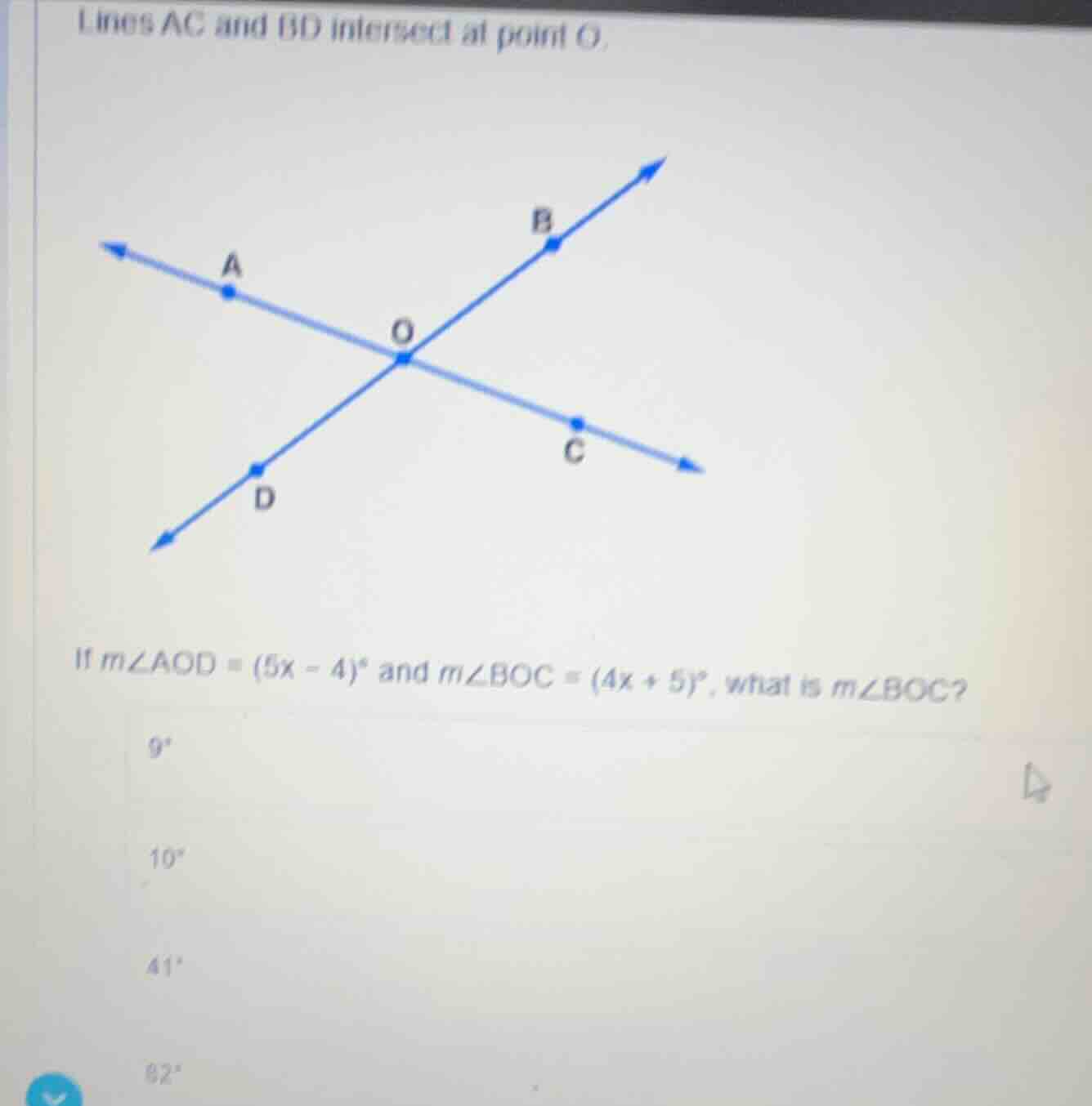 lines ac and bd intersect at point o. if ( mangle aod = (5x - 4)^circ )…