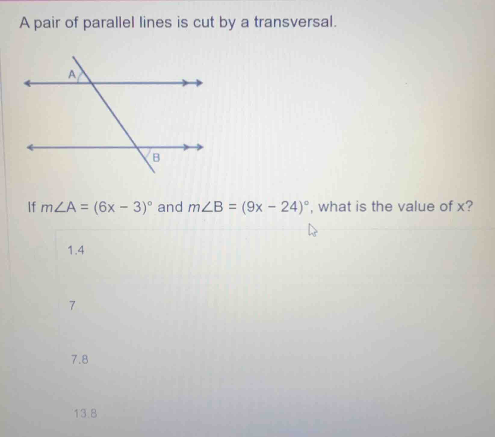 a pair of parallel lines is cut by a transversal. if ( mangle a = (6x -…