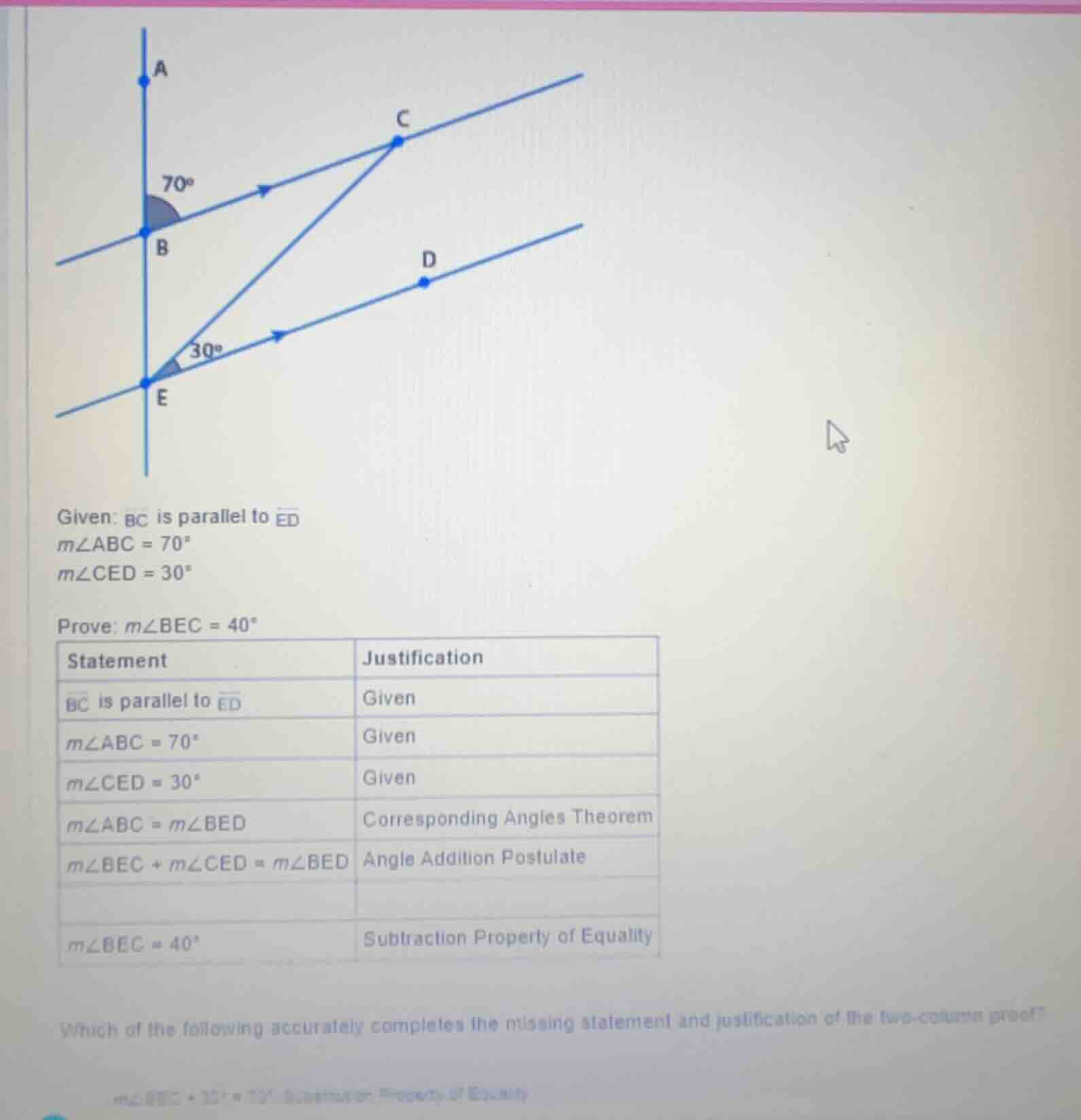 given: $overleftrightarrow{bc}$ is parallel to $overleftrightarrow{ed}$…