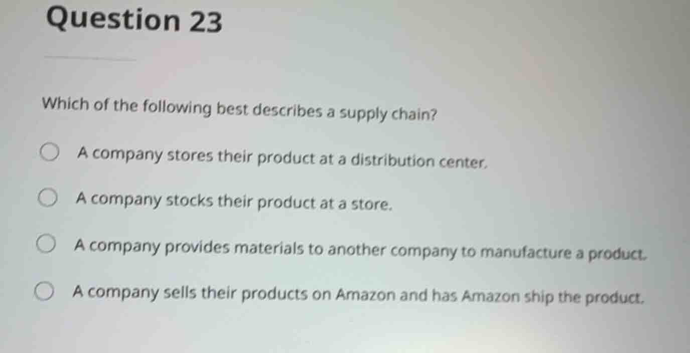 question 23 which of the following best describes a supply chain? a com…