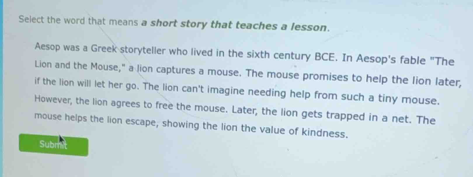 select the word that means a short story that teaches a lesson. aesop w…