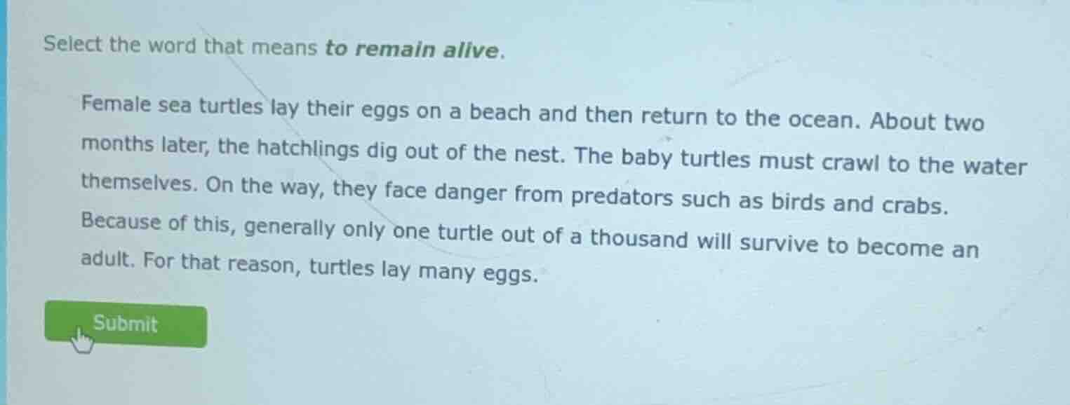 select the word that means to remain alive. female sea turtles lay thei…
