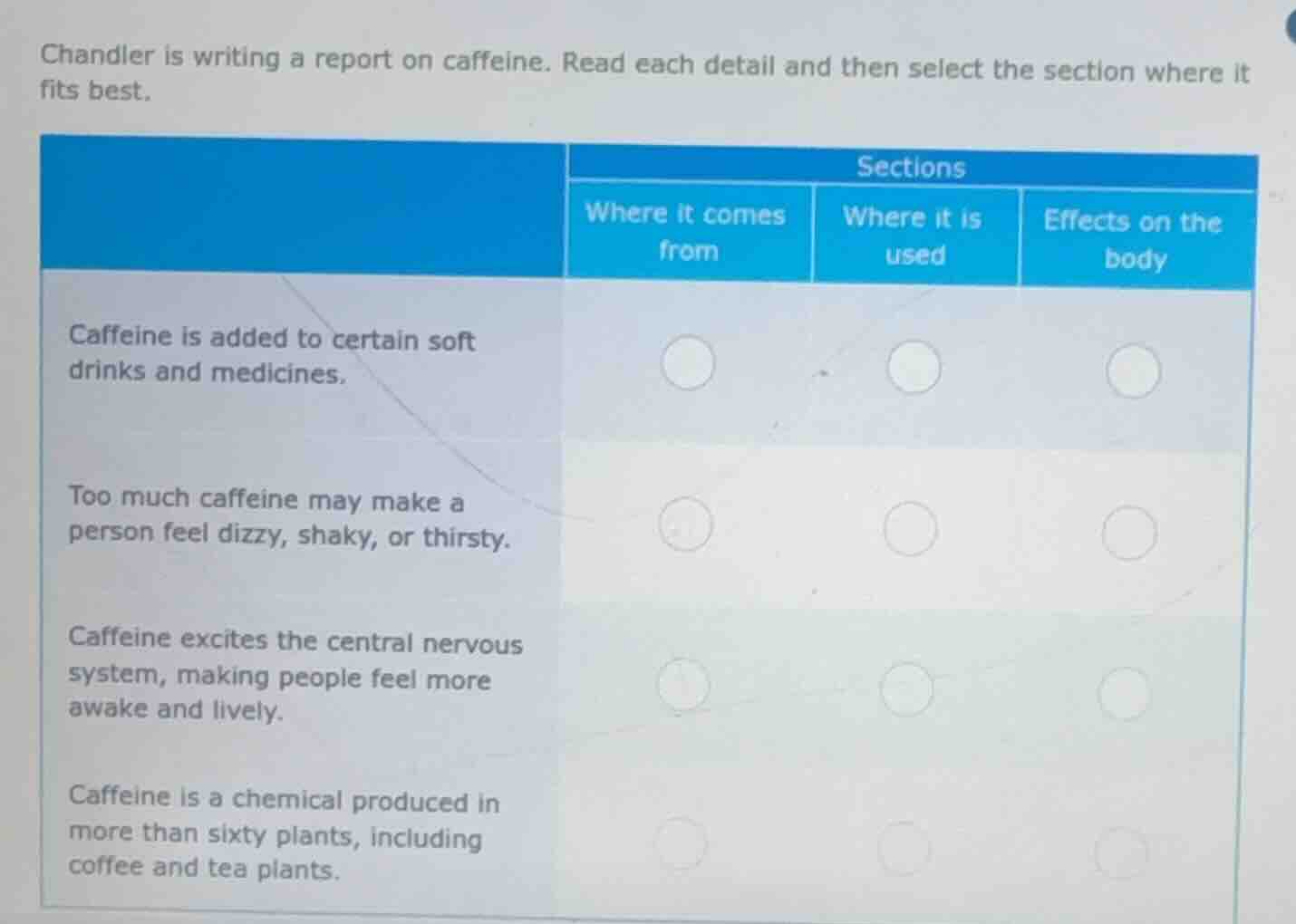 chandler is writing a report on caffeine. read each detail and then sel…
