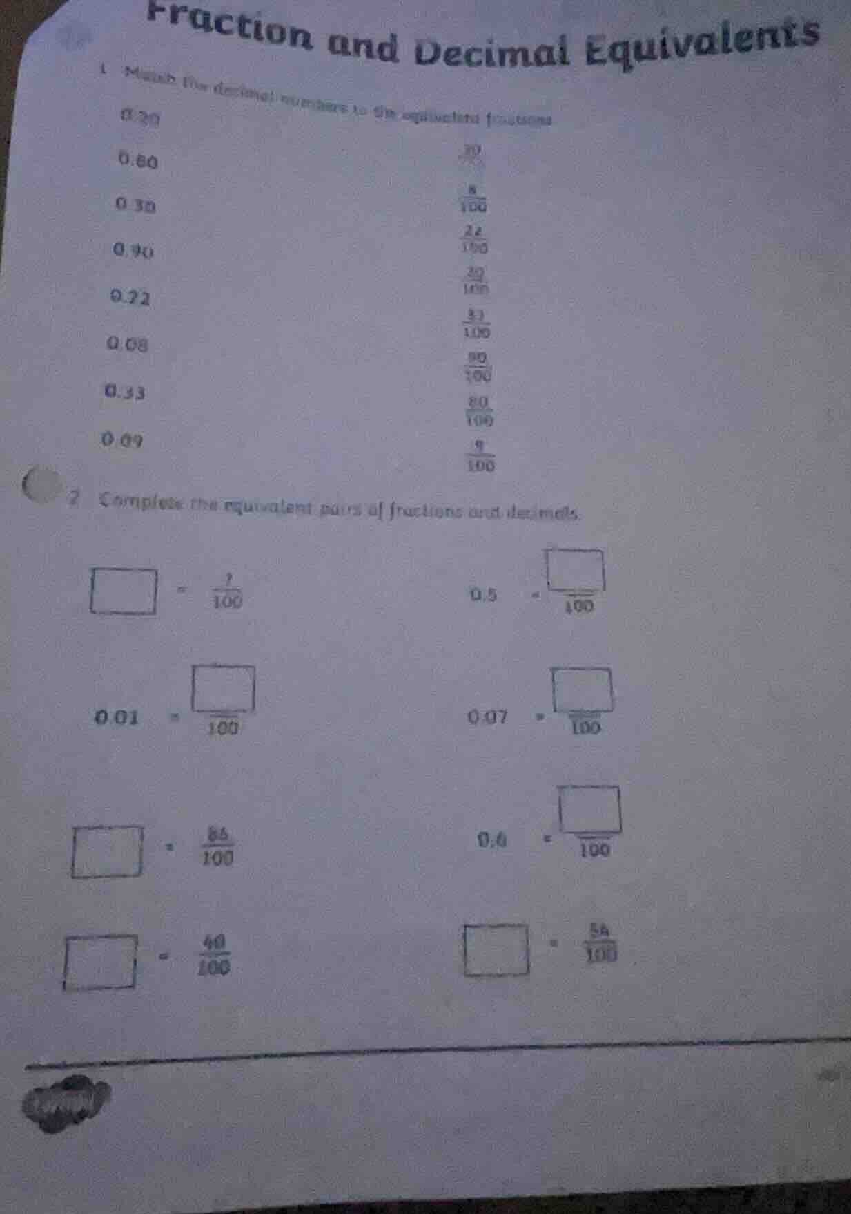 fraction and decimal equivalents 1 match the decimal numbers to the equ…