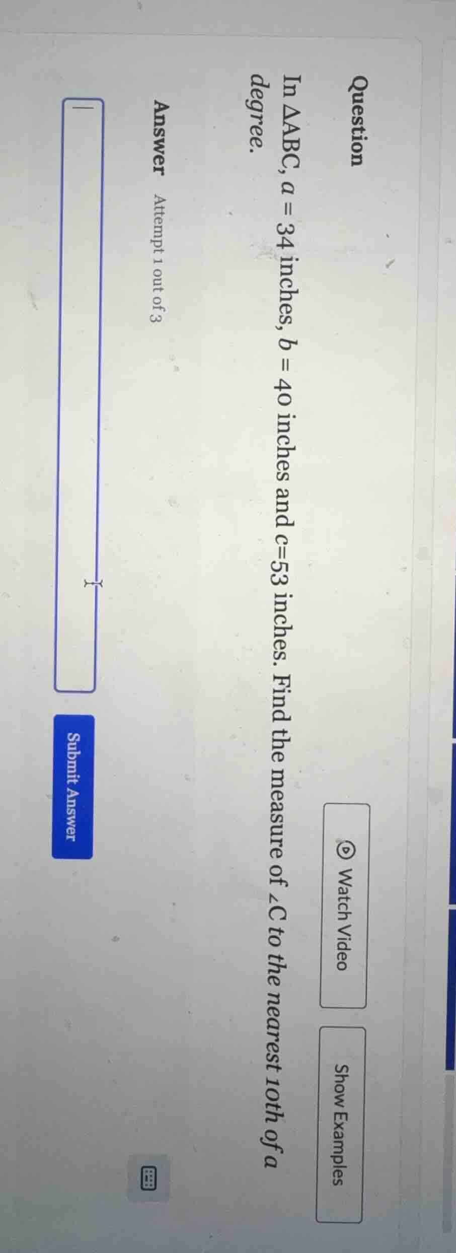 question in \\(\\triangle abc\\), \\(a = 34\\) inches, \\(b = 40\\) inc…
