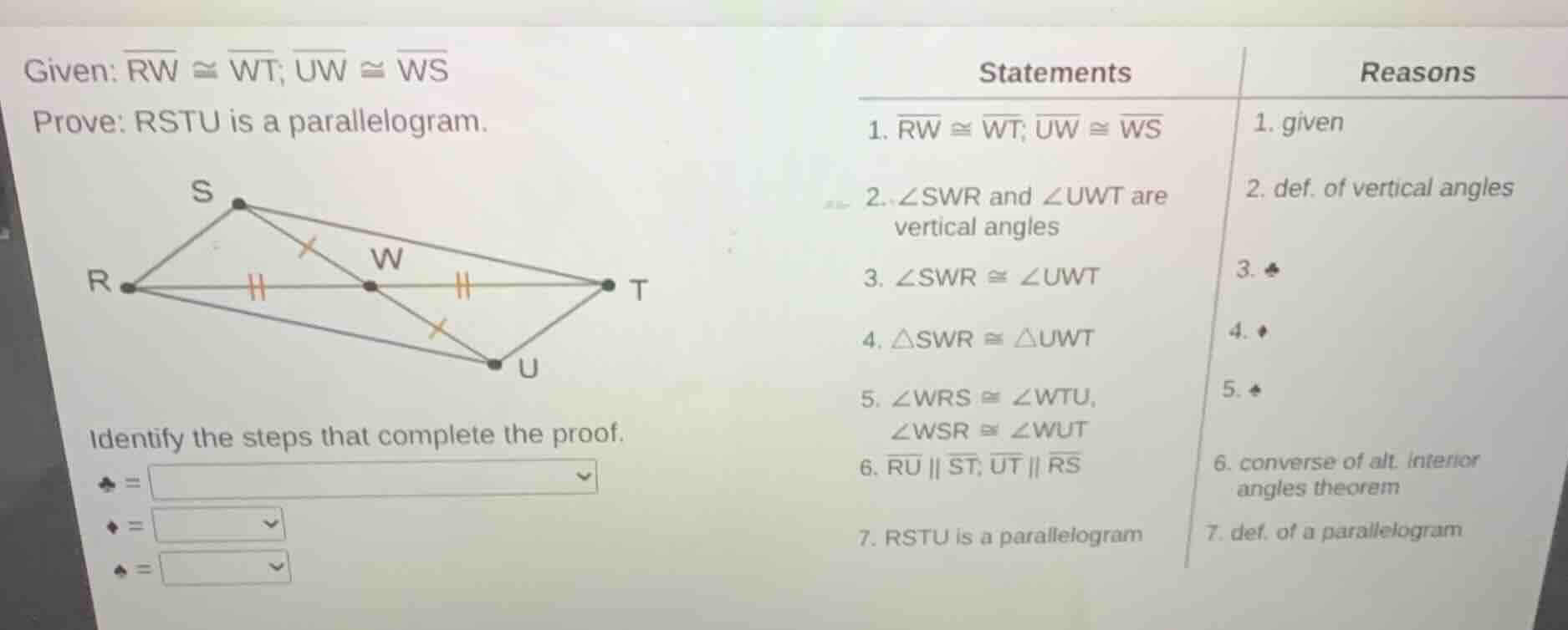 given: \\(\\overline{rw} \\cong \\overline{wt}\\); \\(\\overline{uw} \\…