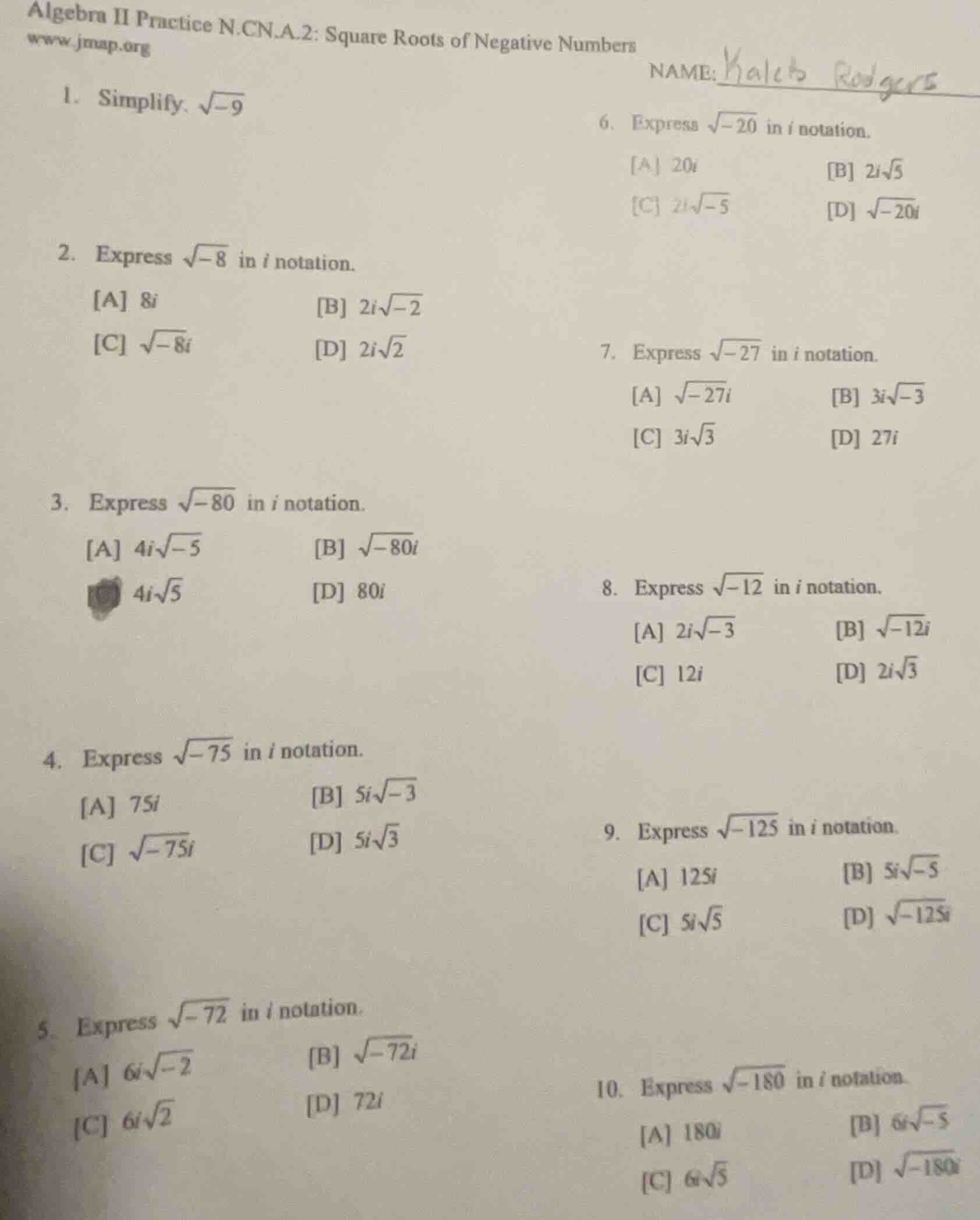 algebra ii practice n.cn.a.2: square roots of negative numbers www.jmap…