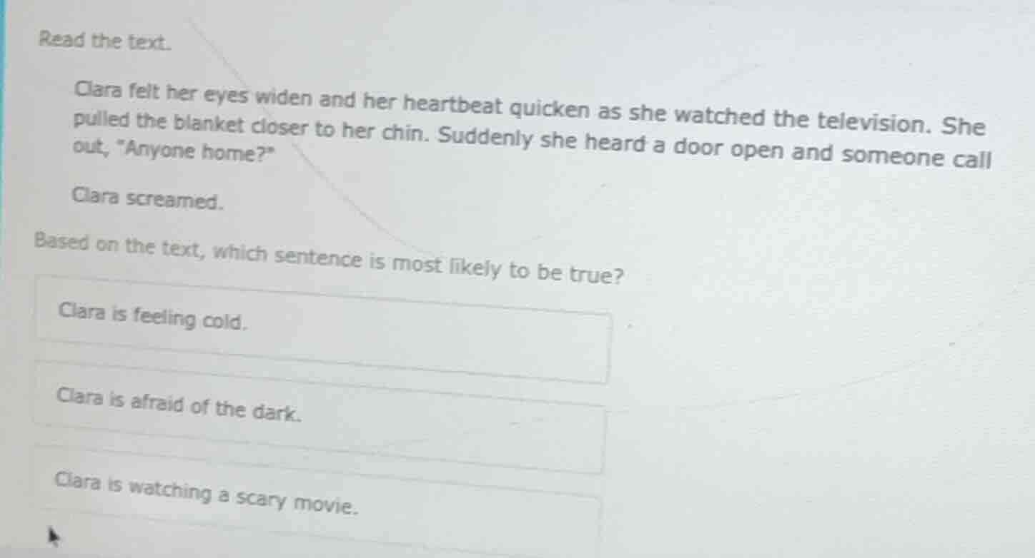 read the text. clara felt her eyes widen and her heartbeat quicken as s…