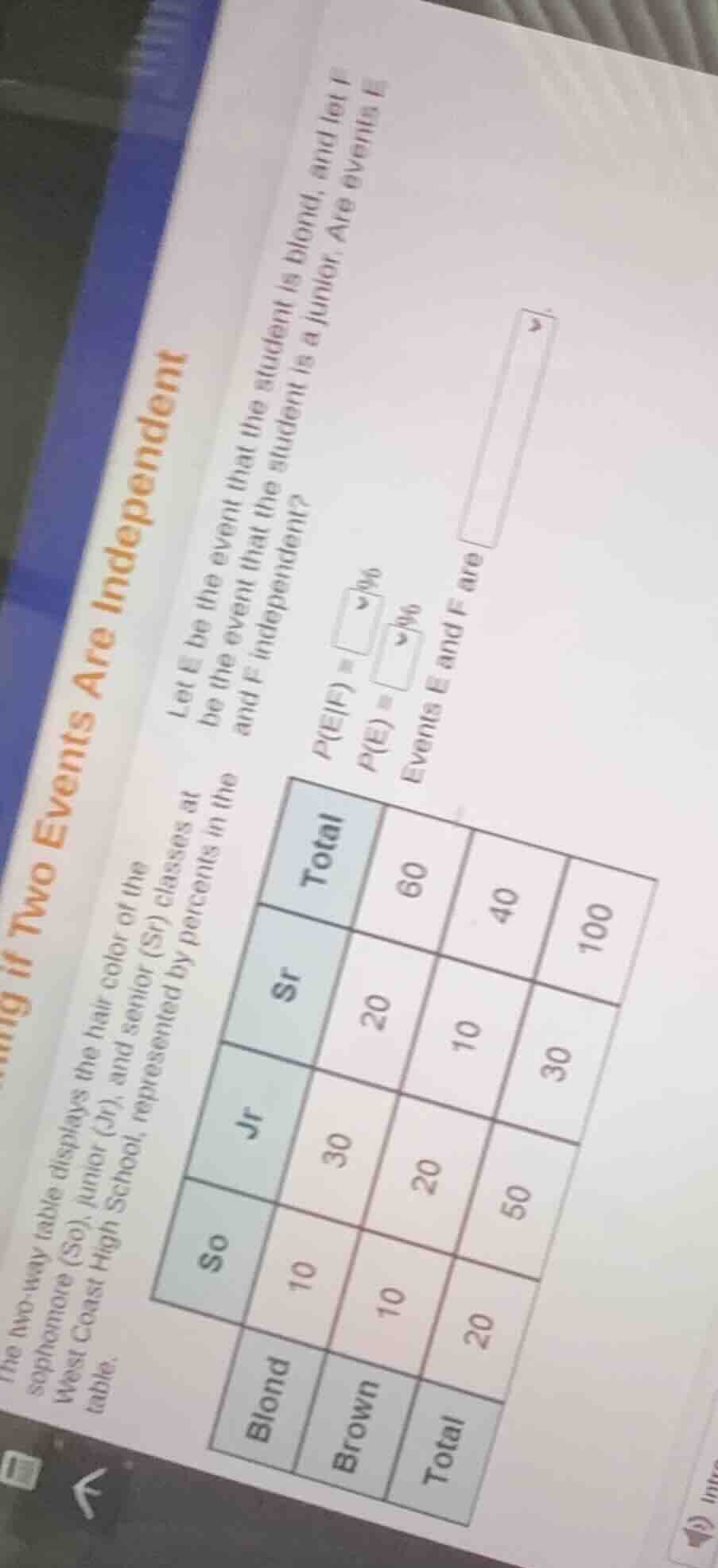 if two events are independent the two - way table displays the hair col…
