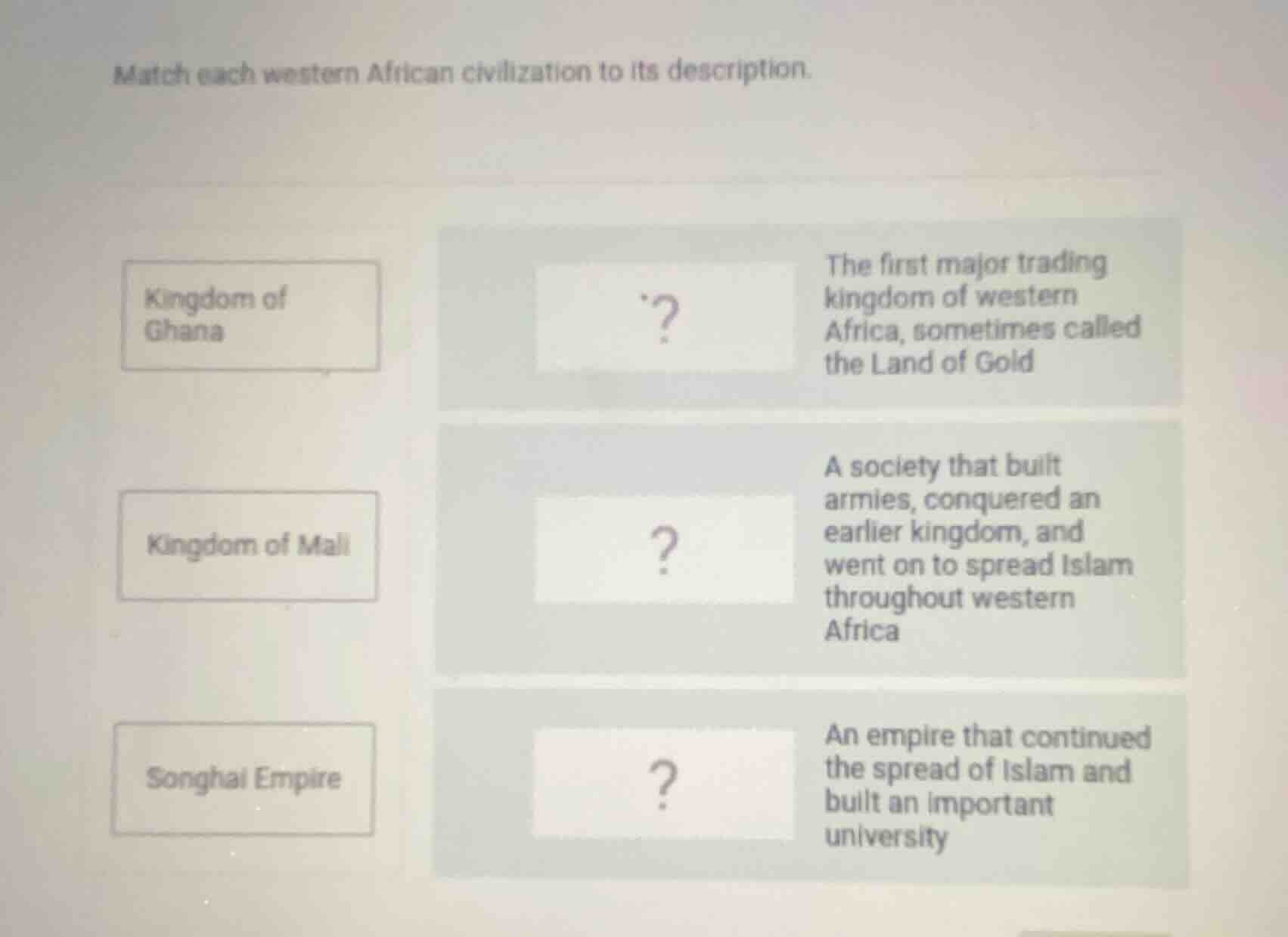 match each western african civilization to its description. kingdom of …
