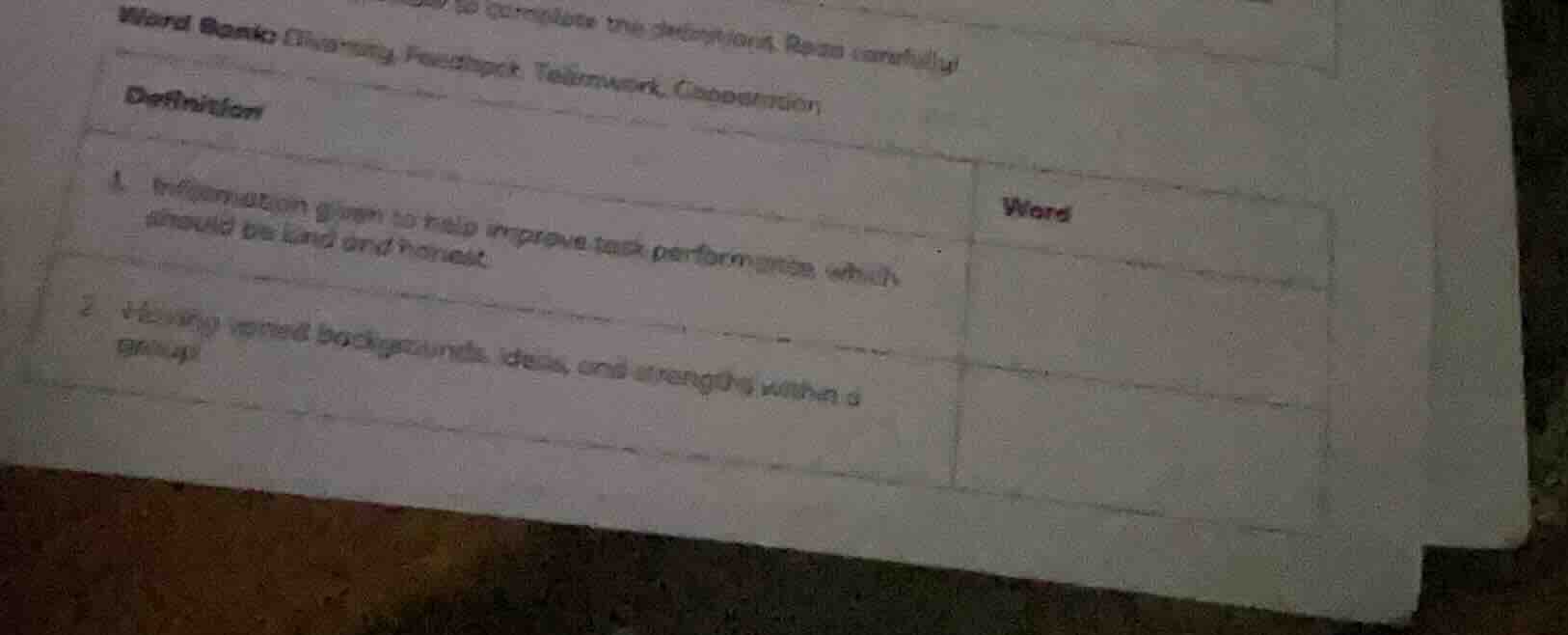 word bank: clarity, feedback, teamwork, cooperation, definition word 1.…