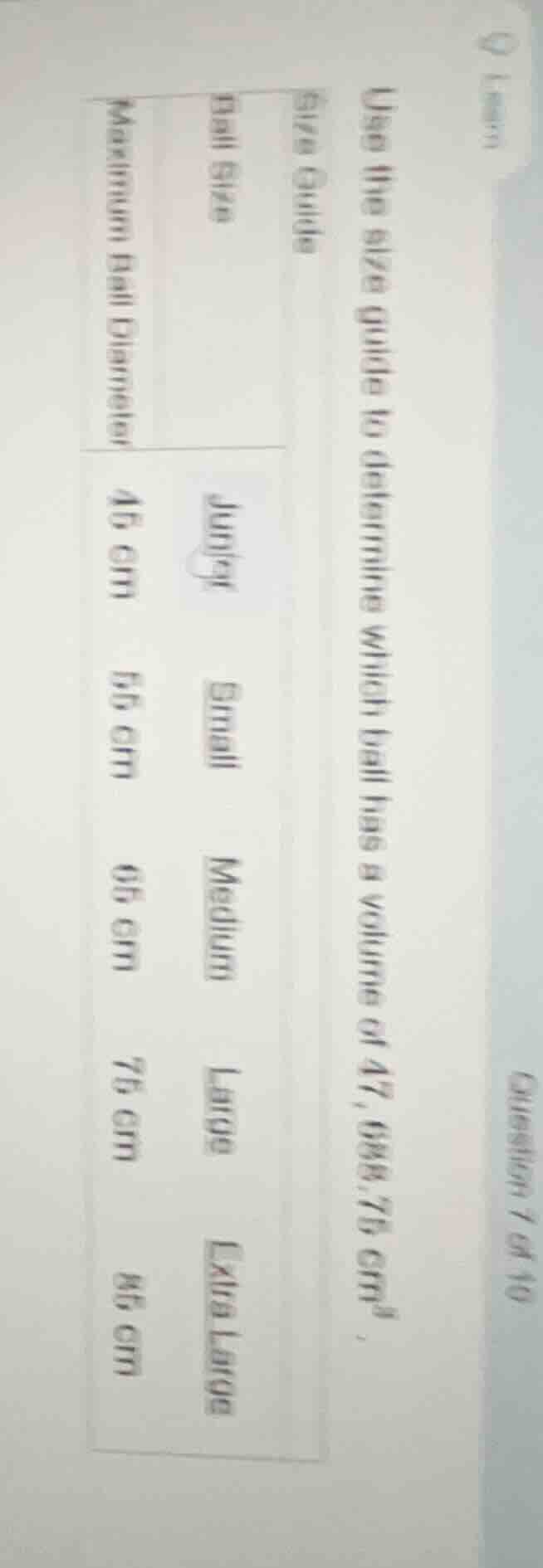 use the size guide to determine which ball has a volume of 47,688.75\\,…