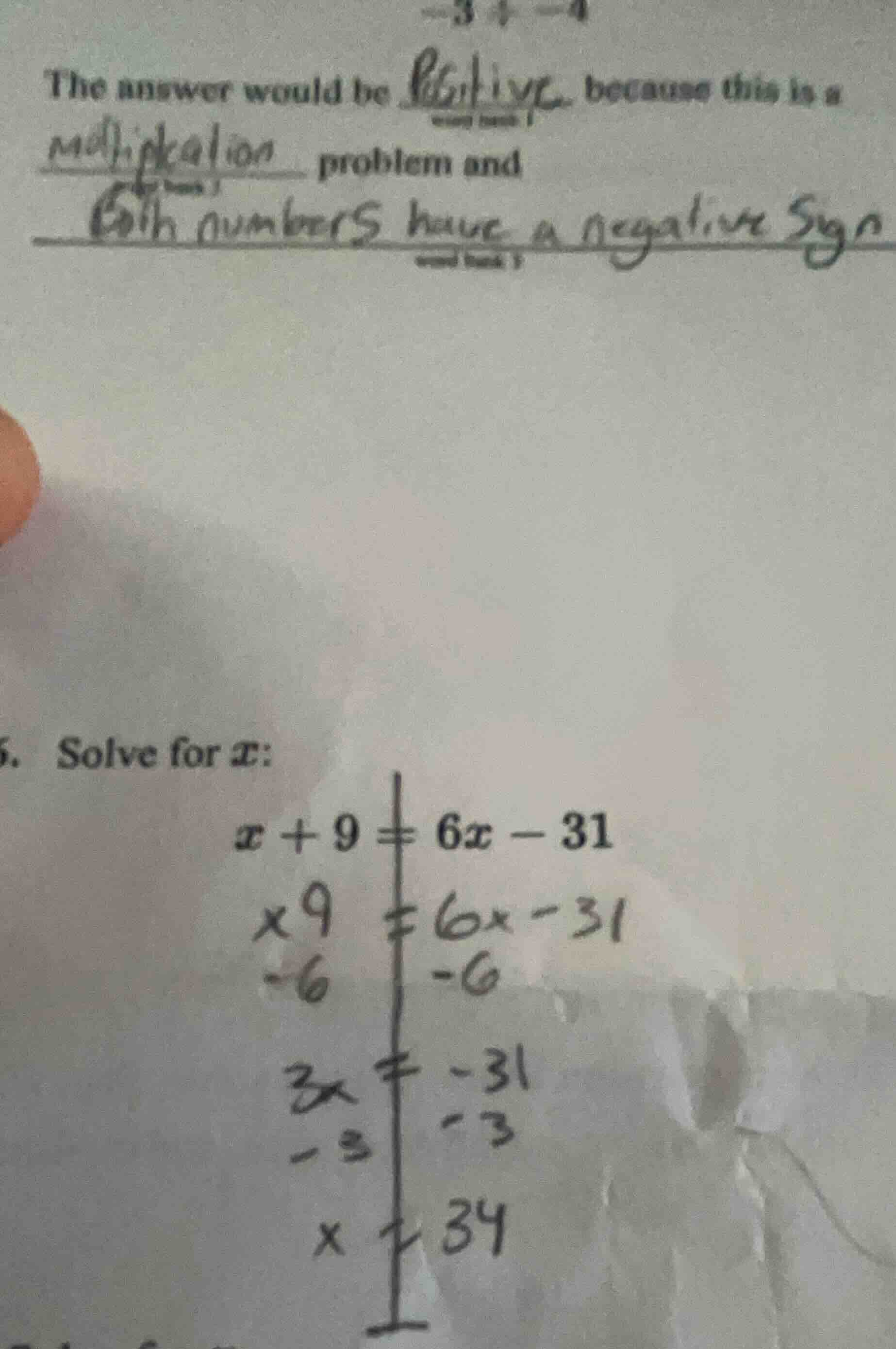 6. solve for ( x ):( x + 9 = 6x - 31 ) (with some handwritten steps bel…