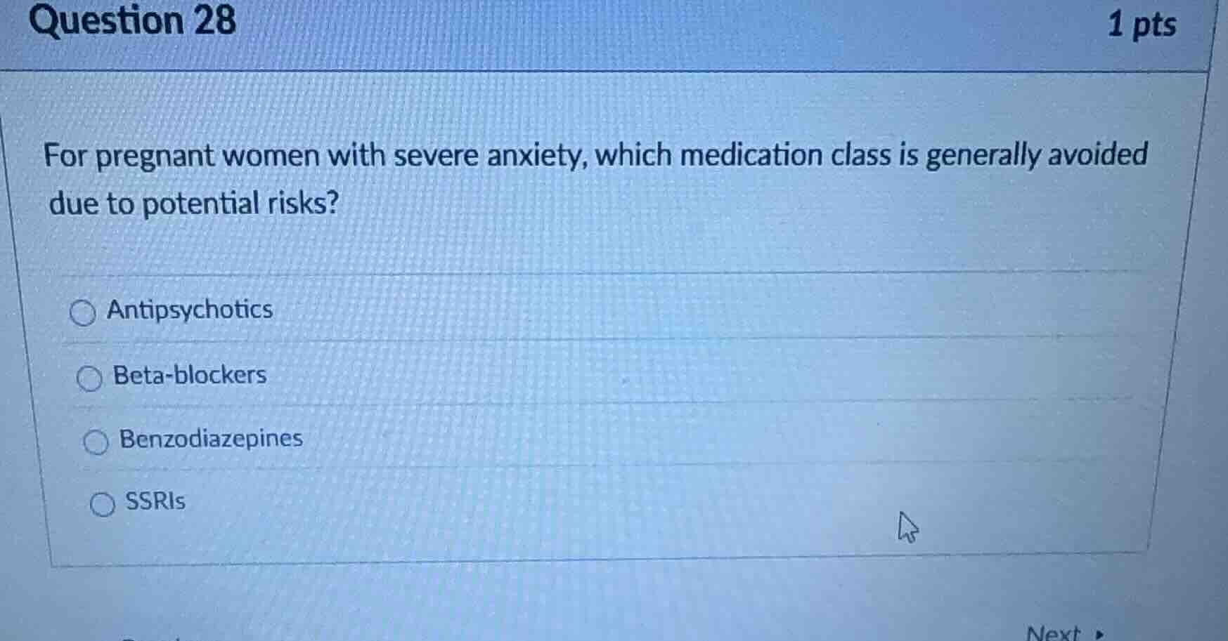 question 28 1 pts for pregnant women with severe anxiety, which medicat…