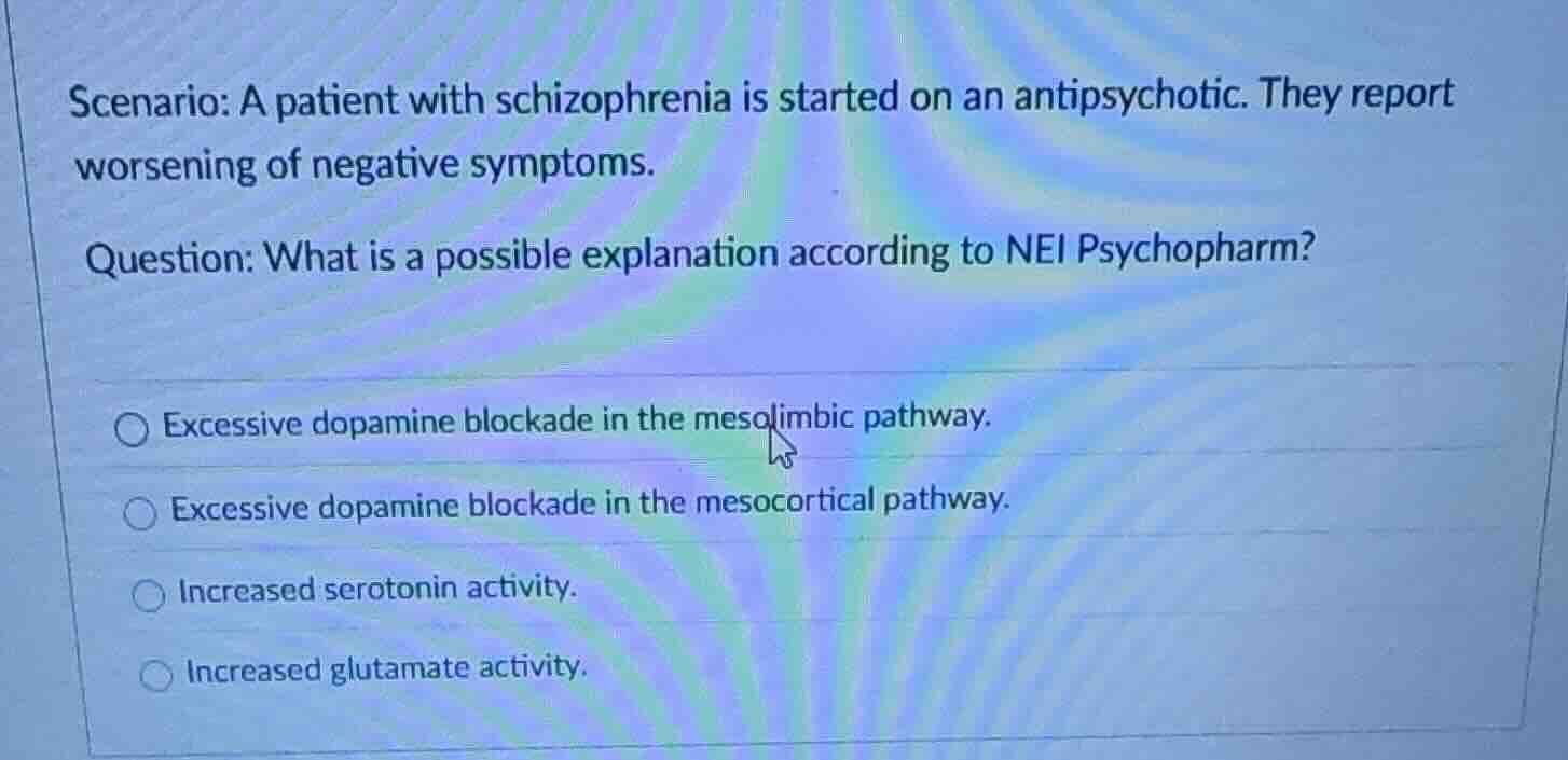 scenario: a patient with schizophrenia is started on an antipsychotic. …