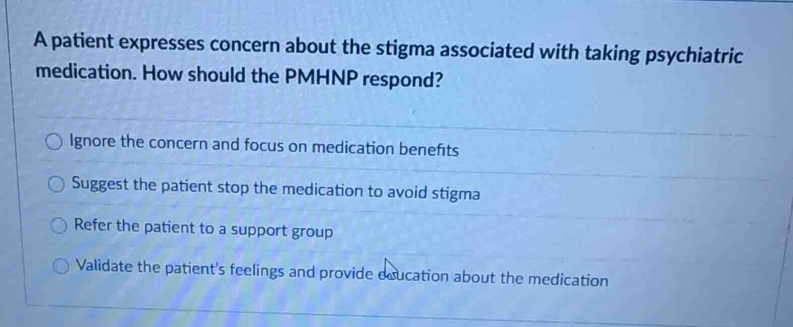 a patient expresses concern about the stigma associated with taking psy…