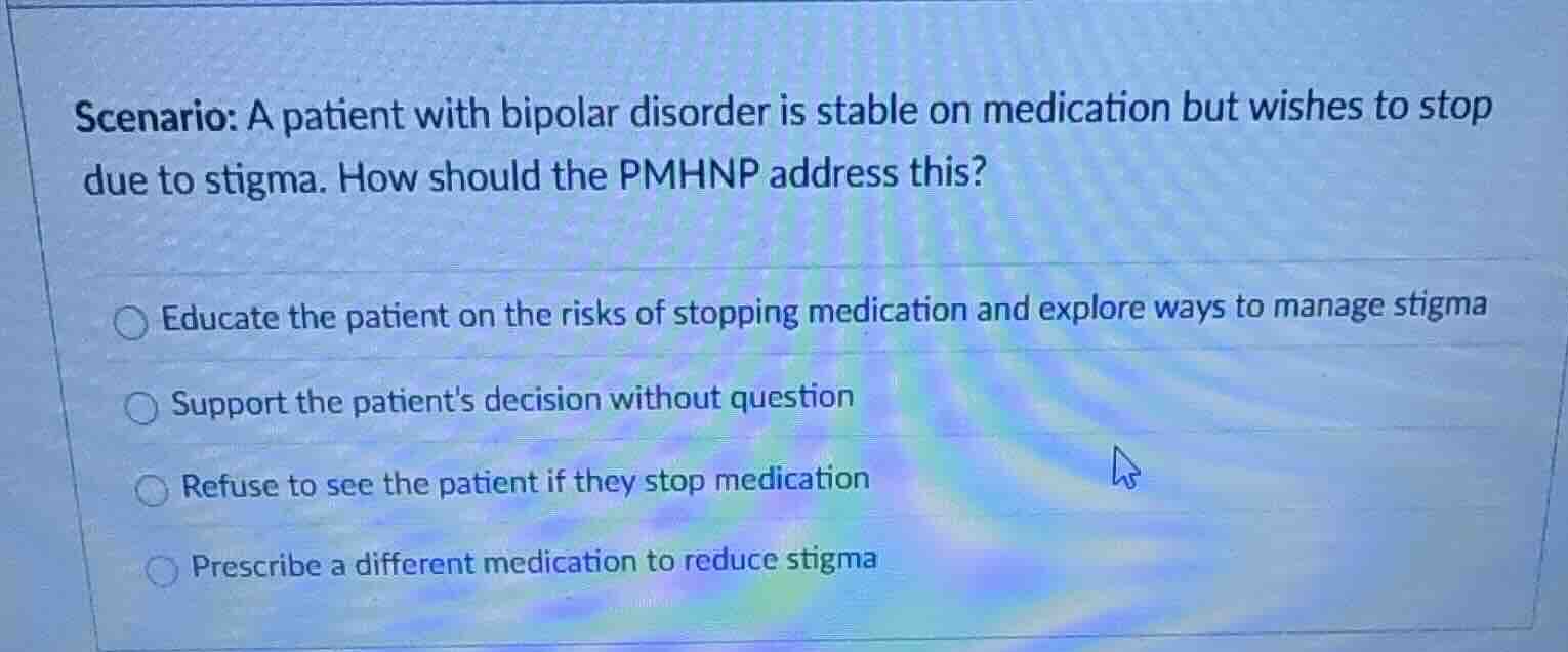 scenario: a patient with bipolar disorder is stable on medication but w…
