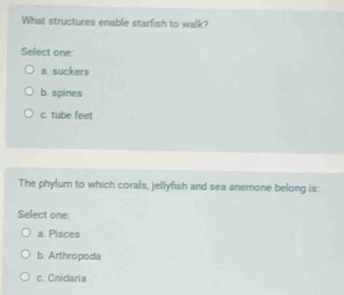 what structures enable starfish to walk? select one: a. suckers b. spin…