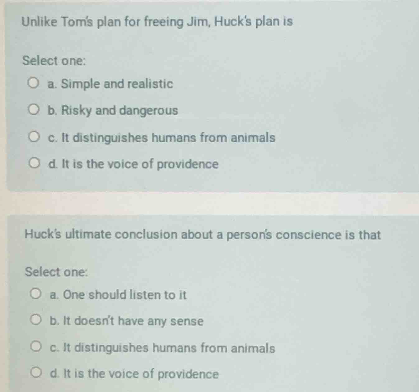 unlike tom’s plan for freeing jim, huck’s plan is select one: a. simple…