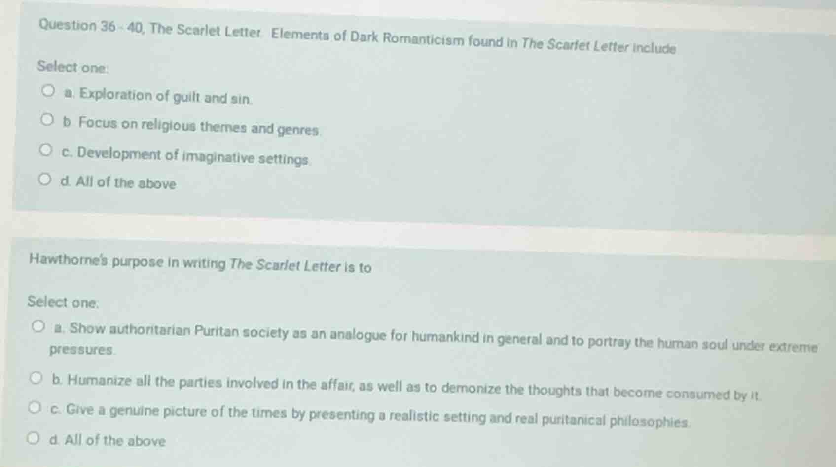 question 36 - 40, the scarlet letter elements of dark romanticism found…