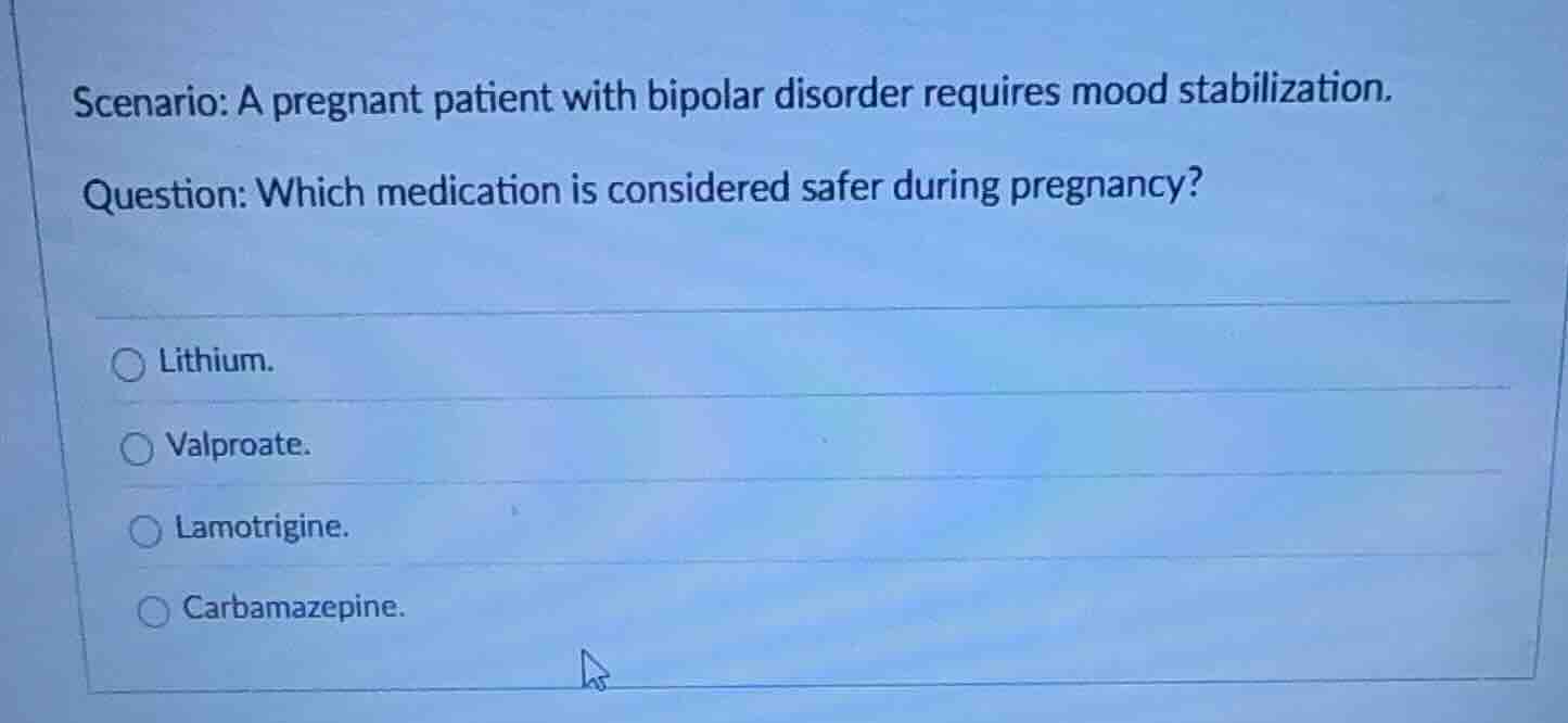 scenario: a pregnant patient with bipolar disorder requires mood stabil…