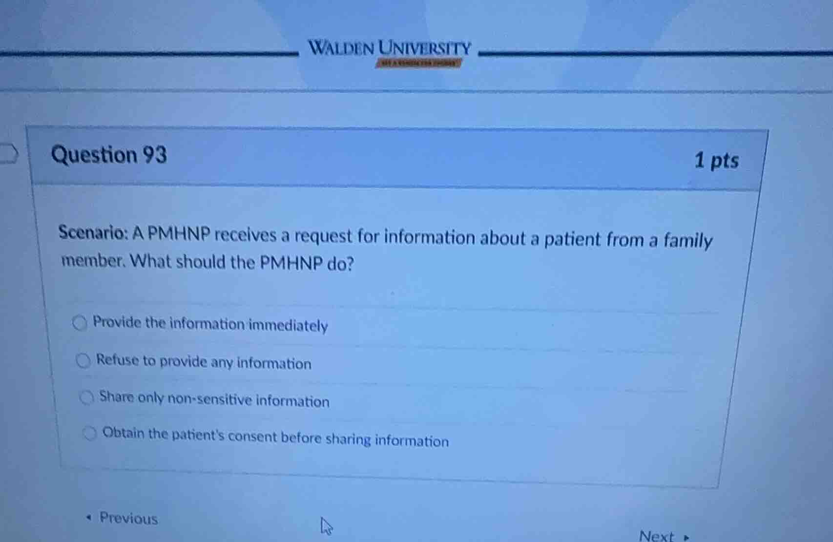 question 93 1 pts scenario: a pmhnp receives a request for information …