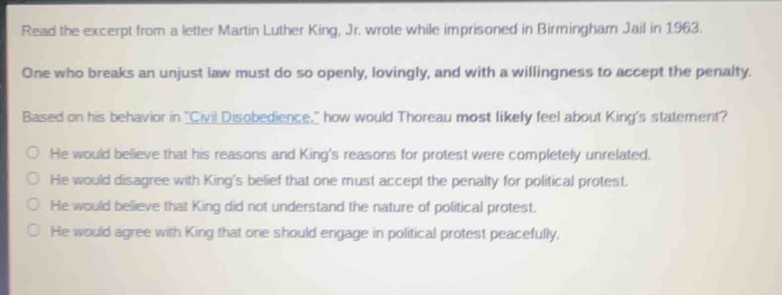 read the excerpt from a letter martin luther king, jr. wrote while impr…