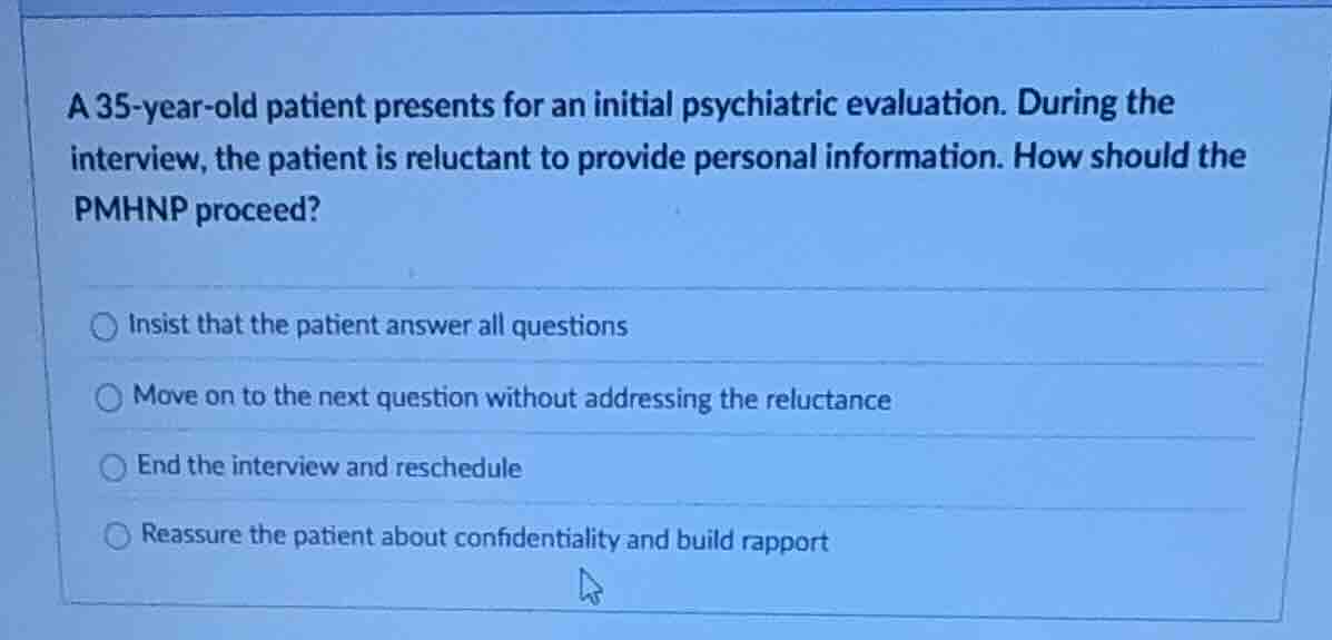 a 35-year-old patient presents for an initial psychiatric evaluation. d…