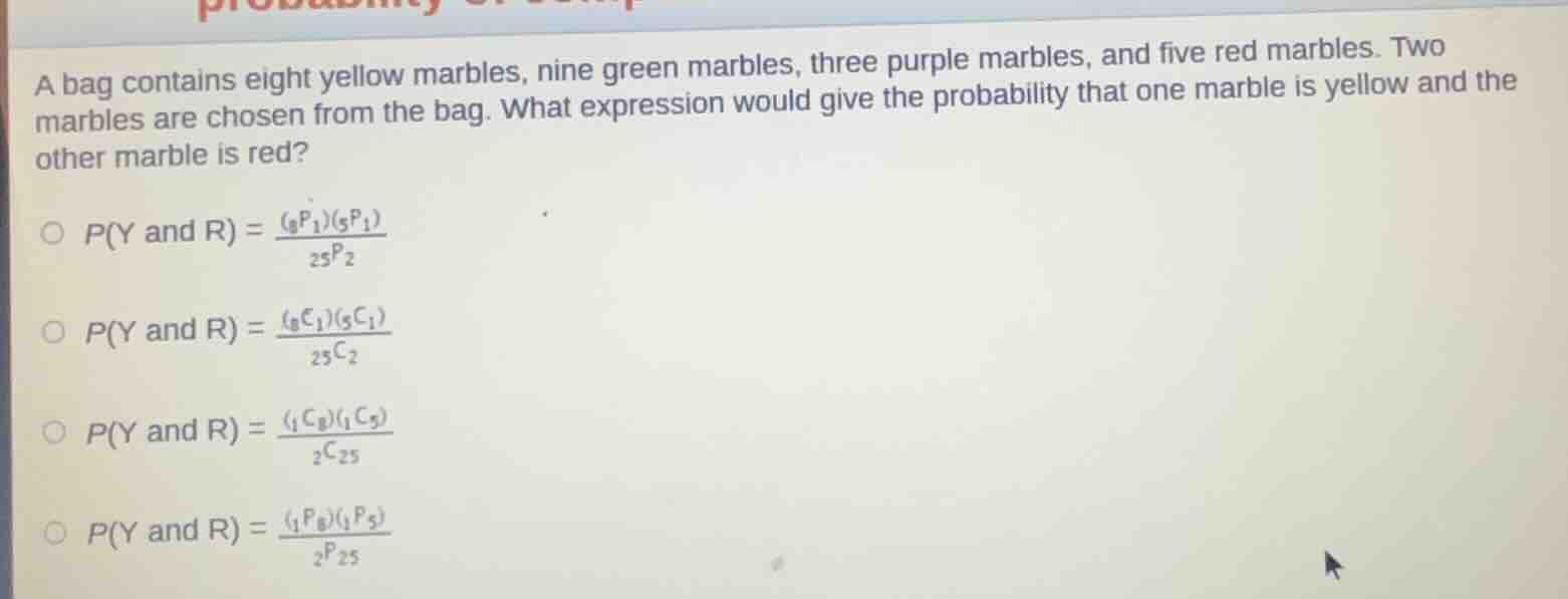 a bag contains eight yellow marbles, nine green marbles, three purple m…
