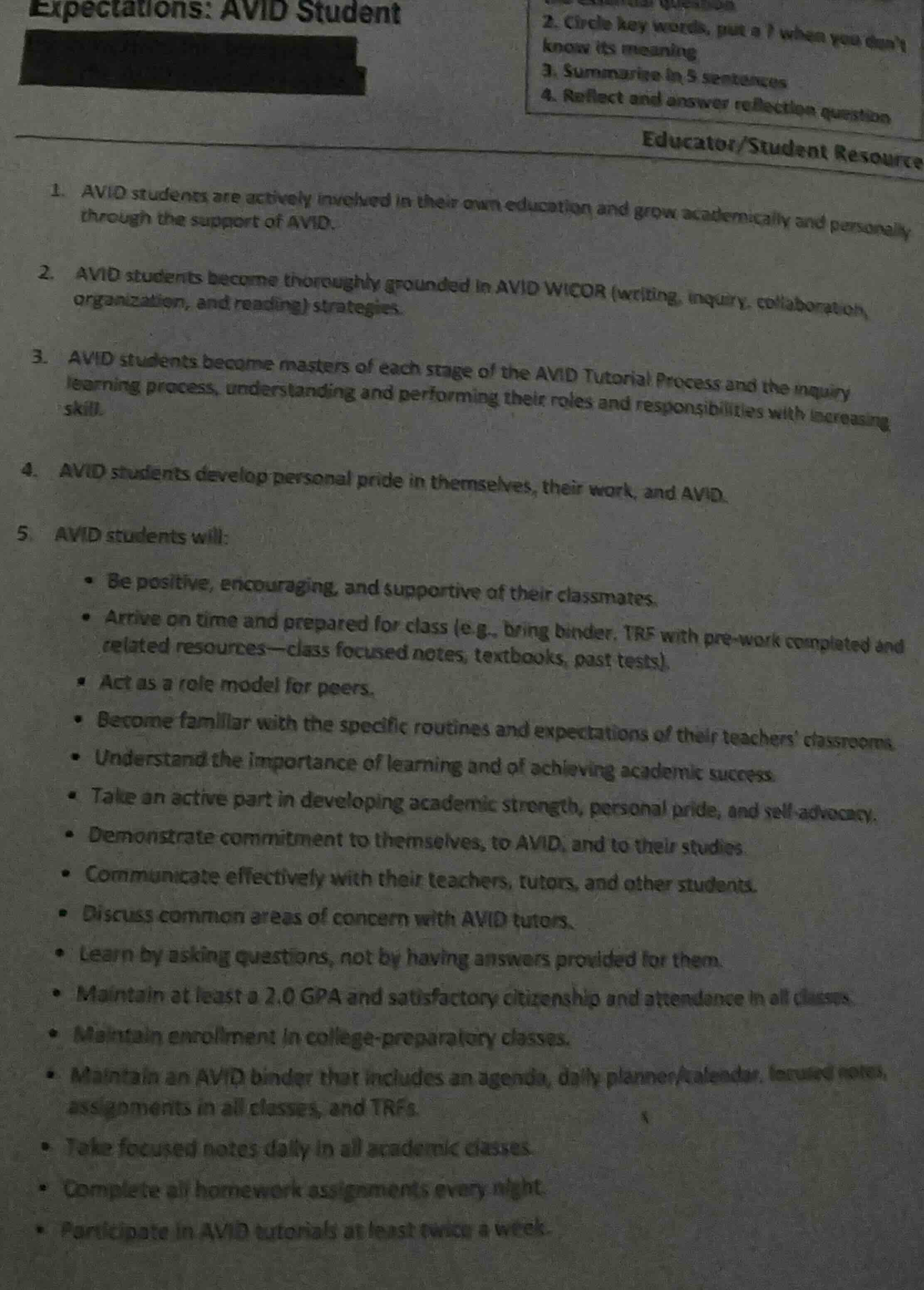 expectations: avid student educator/student resource 1. avid students a…