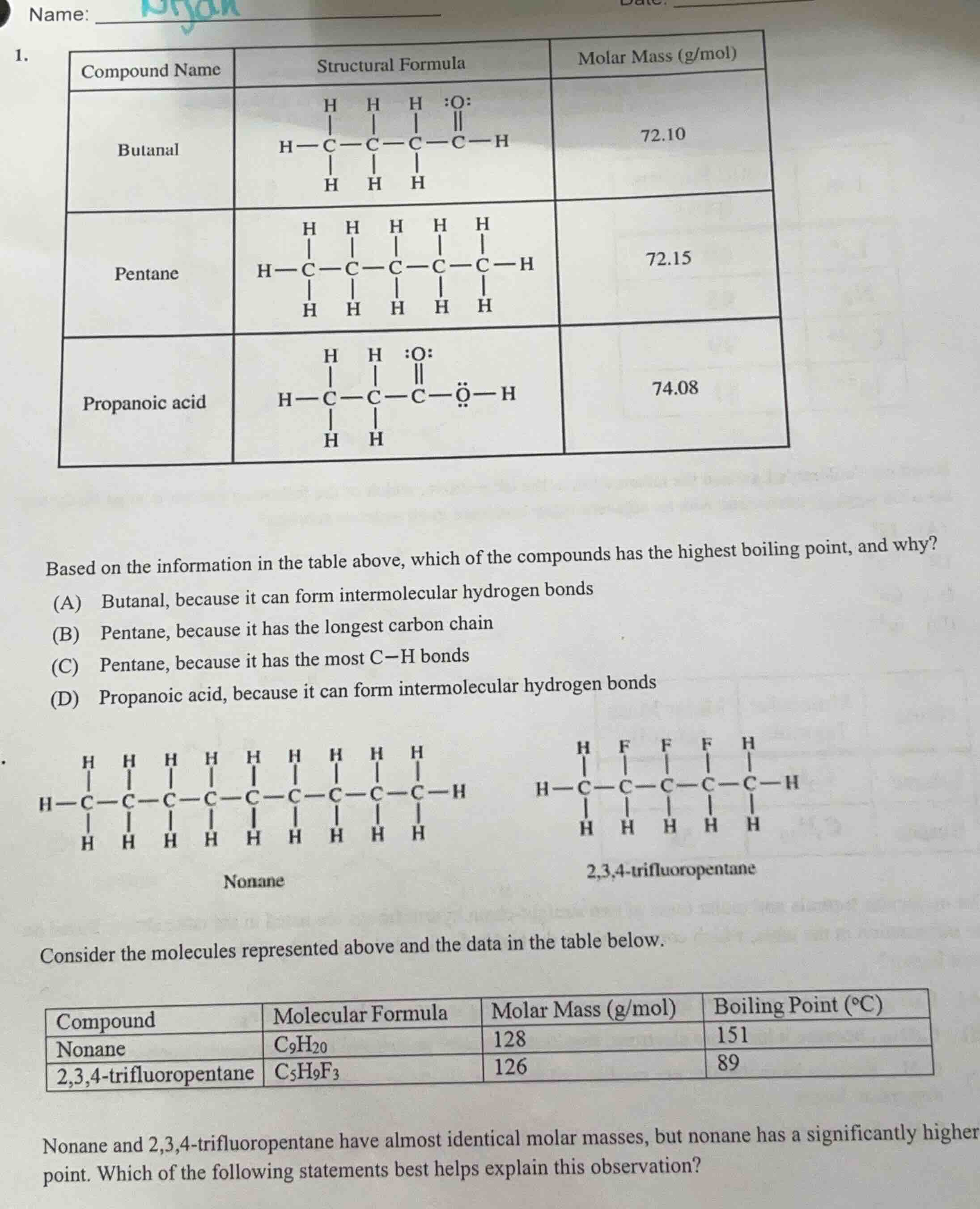 1. | compound name | structural formula | molar mass (g/mol) | | ---- |…