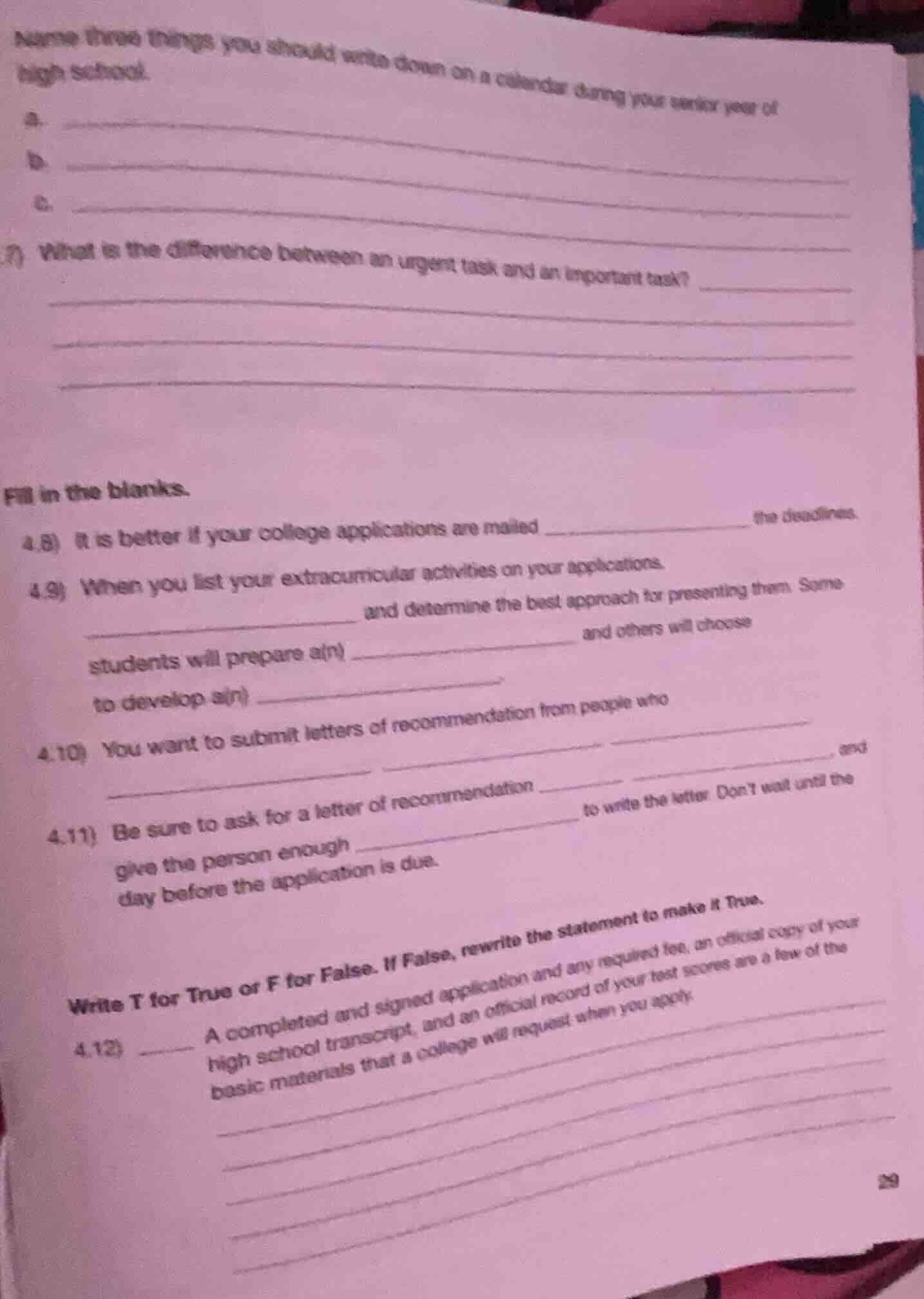 name three things you should write down on a calendar during your senio…