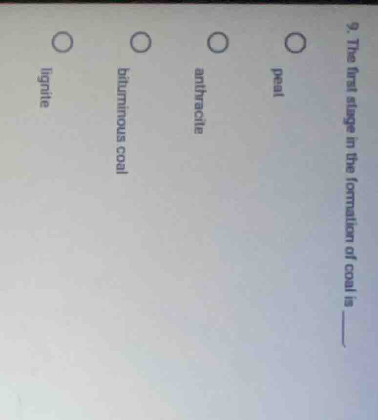 9. the first stage in the formation of coal is ______ peal anthracite b…