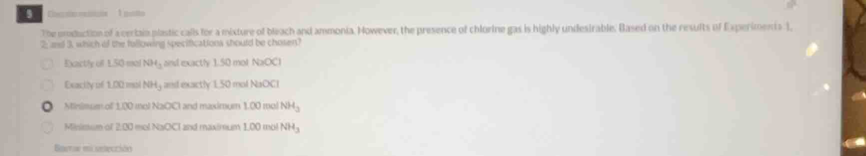 the production of a certain plastic calls for a mixture of bleach and a…