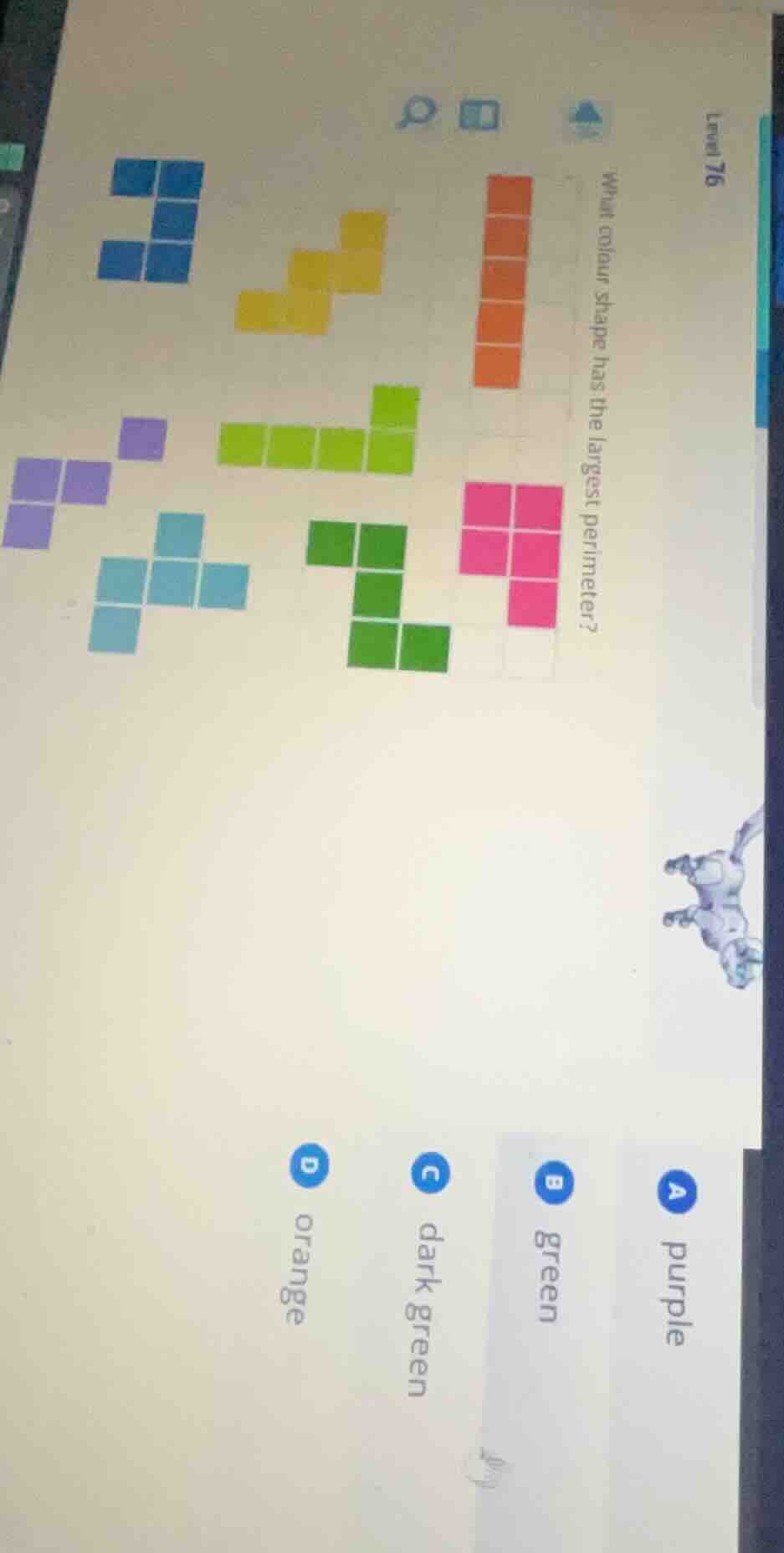 level 76 what colour shape has the largest perimeter? a purple b green …