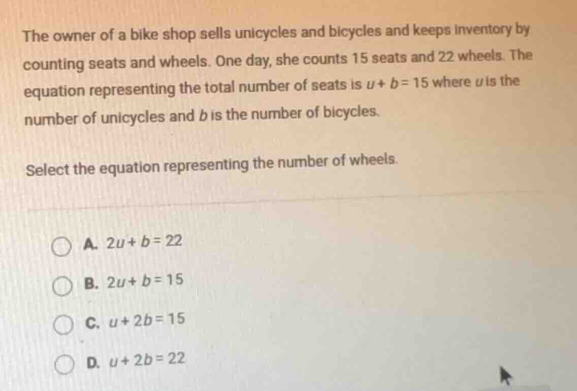 the owner of a bike shop sells unicycles and bicycles and keeps invento…