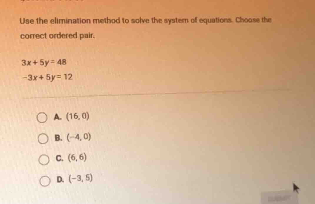 use the elimination method to solve the system of equations. choose the…