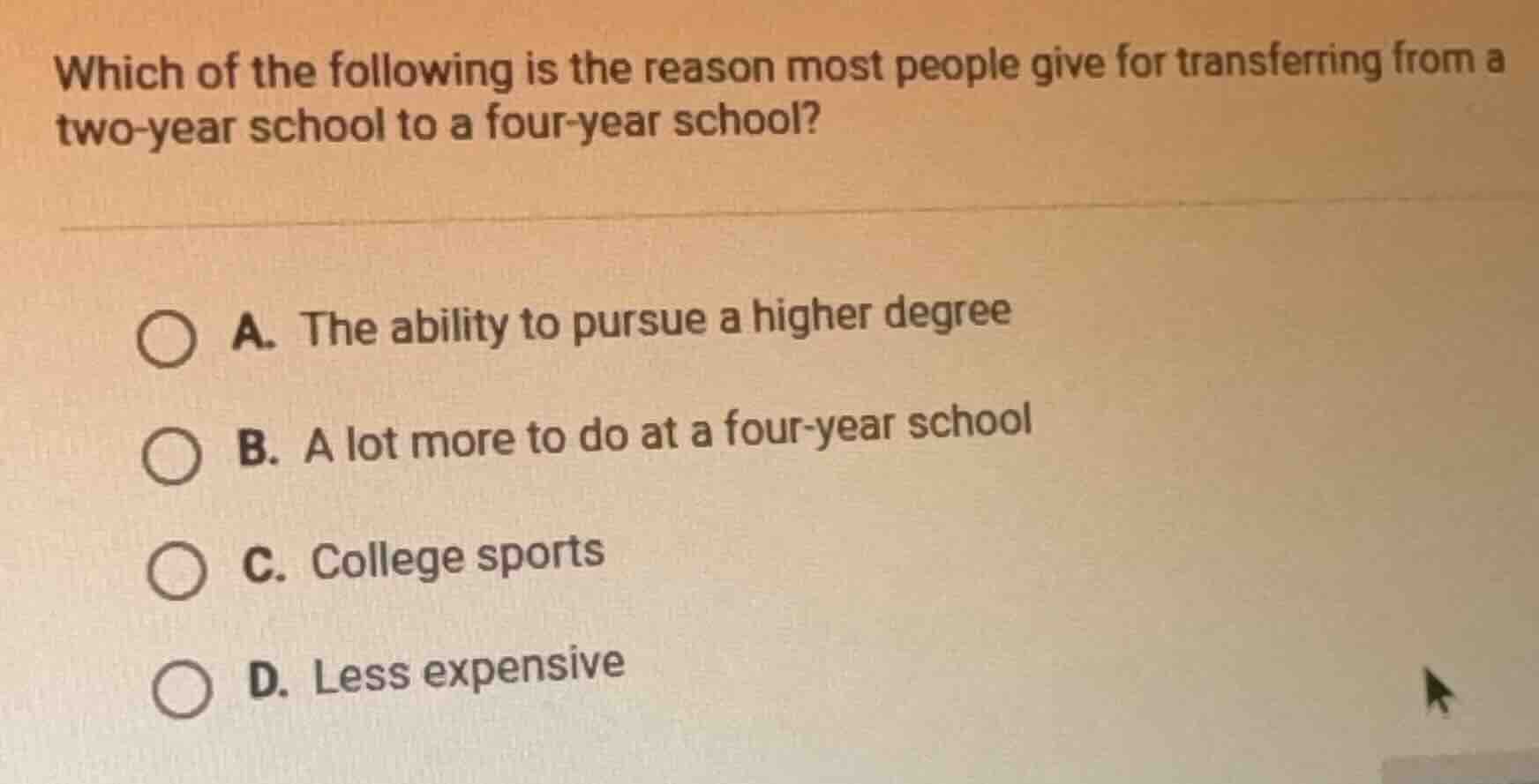 which of the following is the reason most people give for transferring …