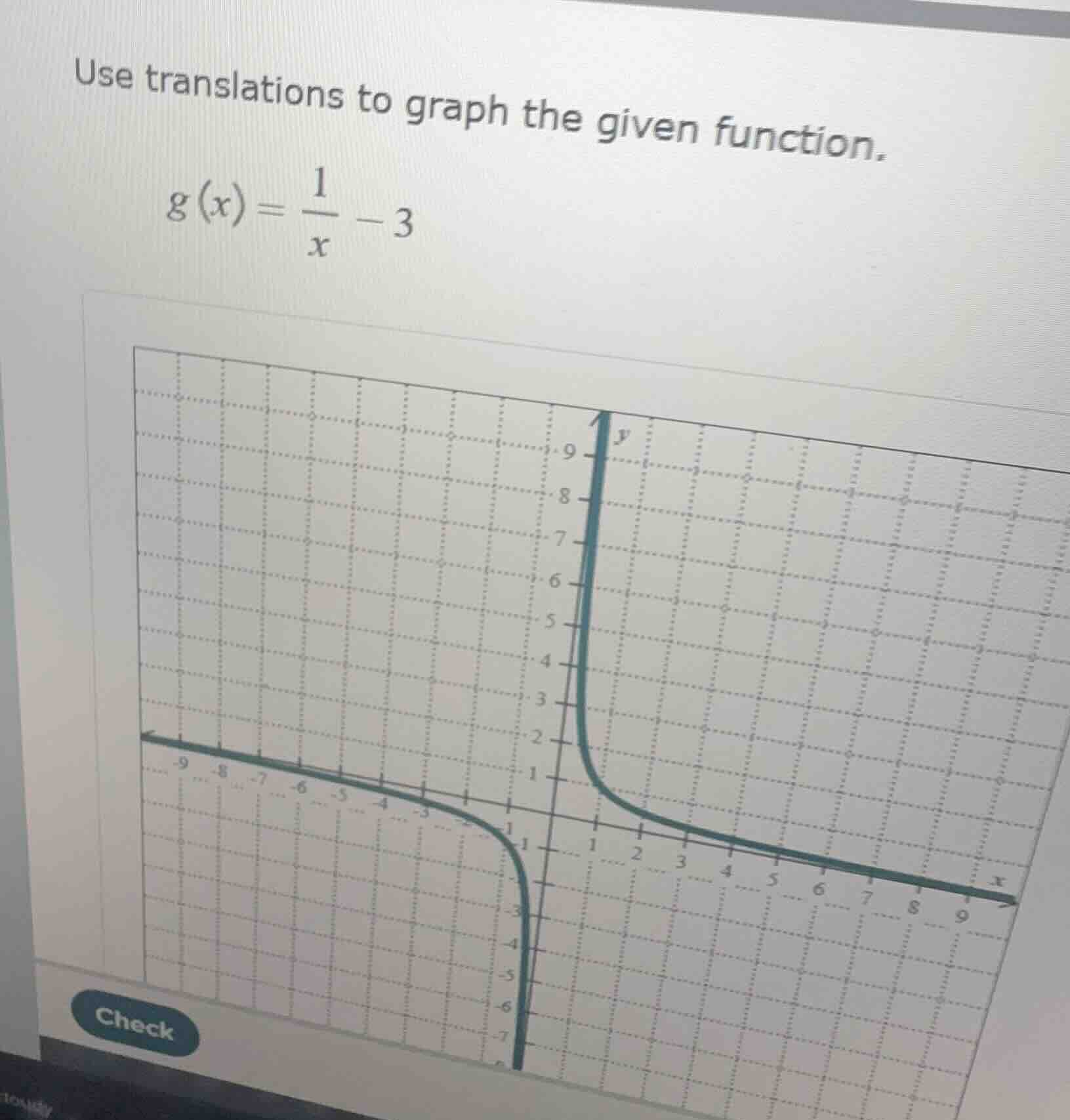 use translations to graph the given function. $g(x)=\\frac{1}{x}-3$