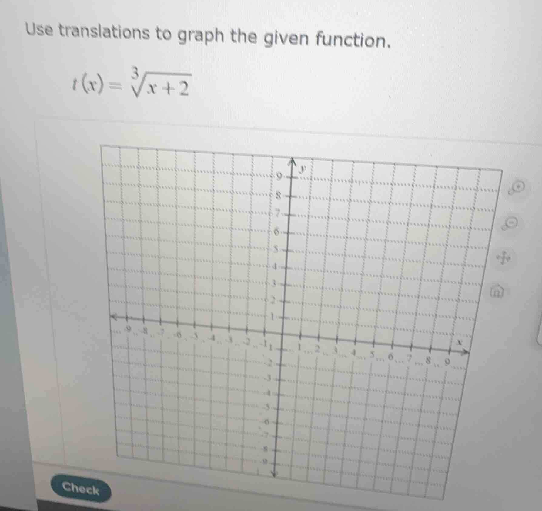 use translations to graph the given function. $t(x)=\\sqrt3{x + 2}$