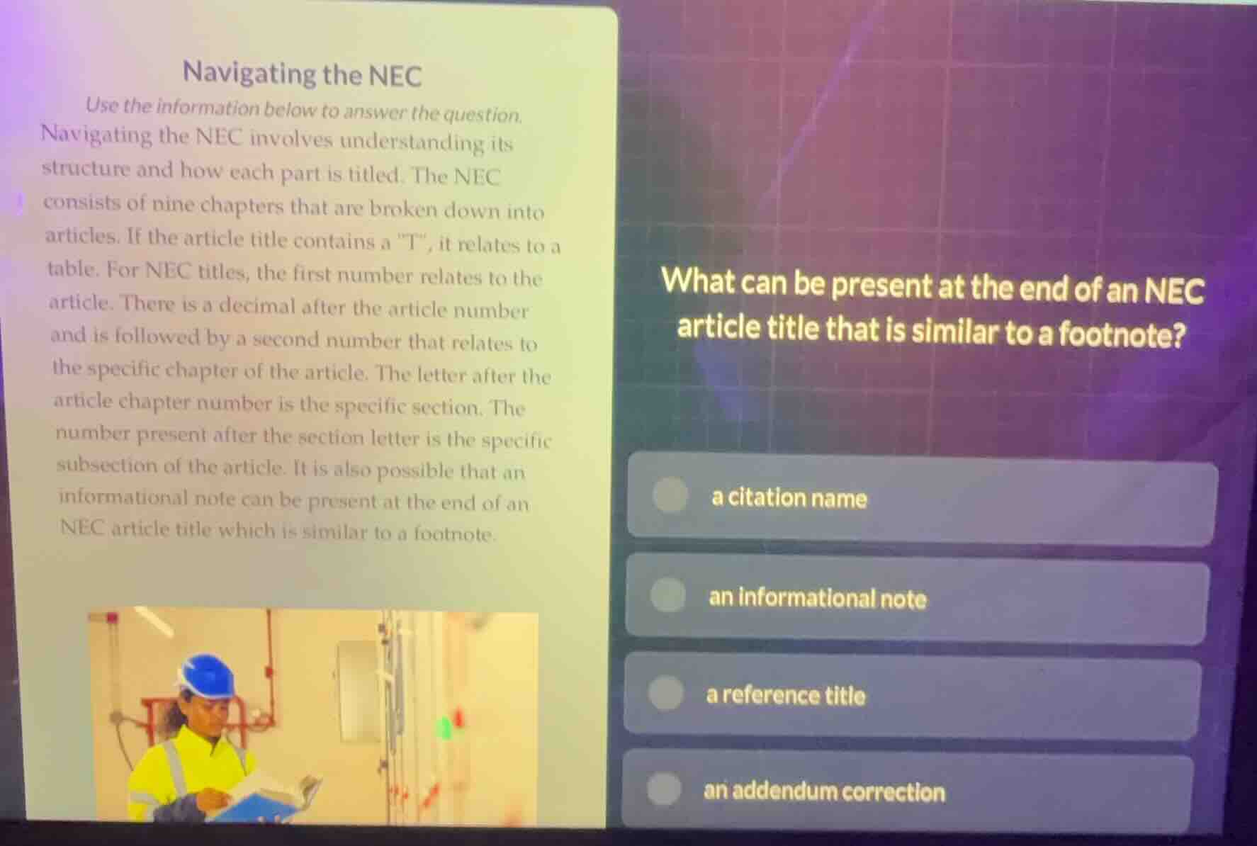 navigating the nec use the information below to answer the question. na…