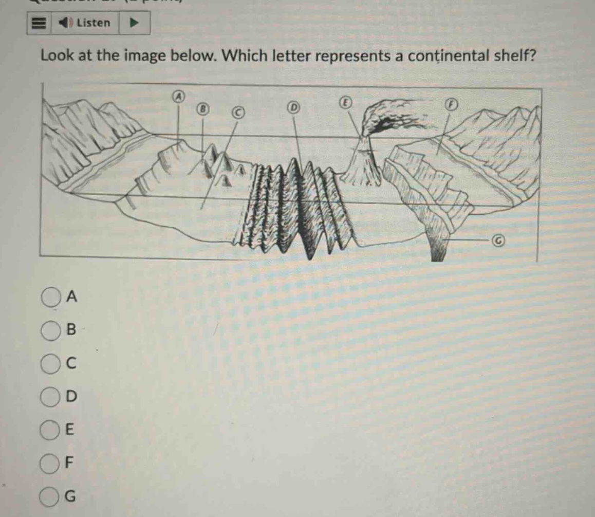 look at the image below. which letter represents a continental shelf? a…