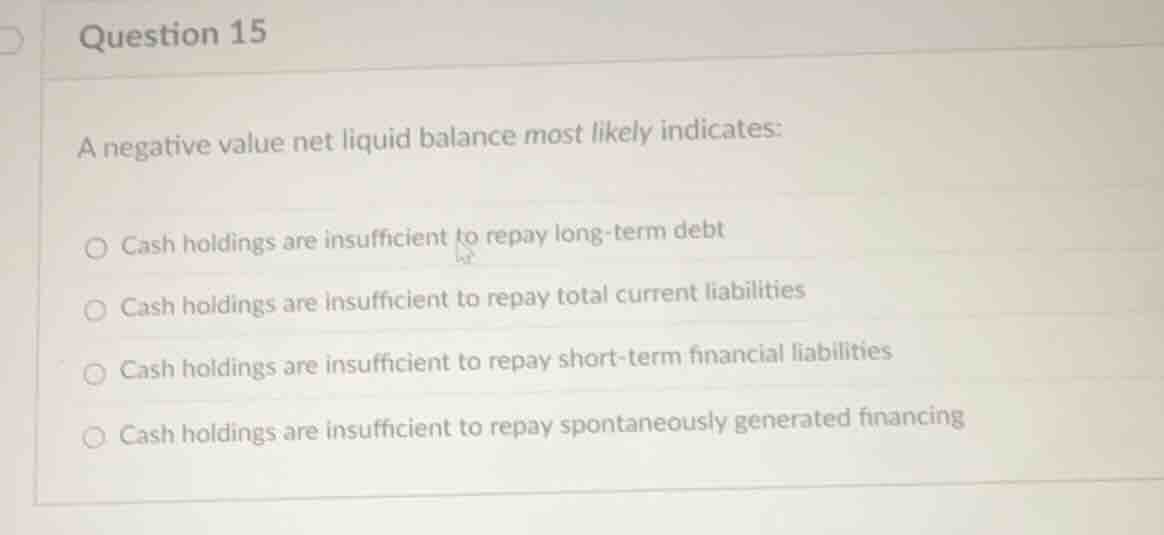 question 15 a negative value net liquid balance most likely indicates: …